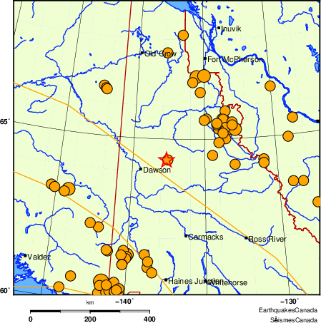 carte des séismes historiques de magnitude 5,0 et plus.  Détails dans le tableau de données ci-dessous