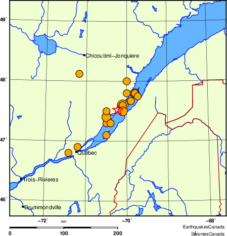 Map of historical earthquakes magnitude 5.0 and larger.  Details in the data table below