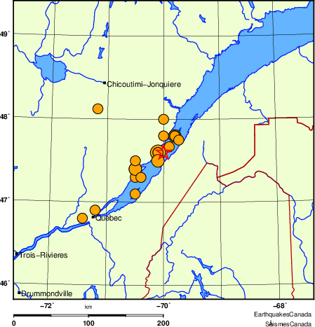 carte des séismes historiques de magnitude 5,0 et plus.  Détails dans le tableau de données ci-dessous