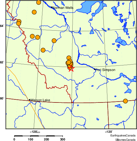 carte des séismes historiques de magnitude 5,0 et plus.  Détails dans le tableau de données ci-dessous