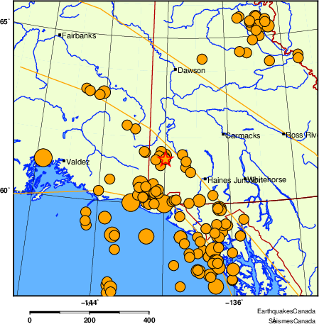 carte des séismes historiques de magnitude 5,0 et plus.  Détails dans le tableau de données ci-dessous