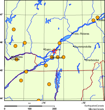 carte des séismes historiques de magnitude 5,0 et plus.  Détails dans le tableau de données ci-dessous