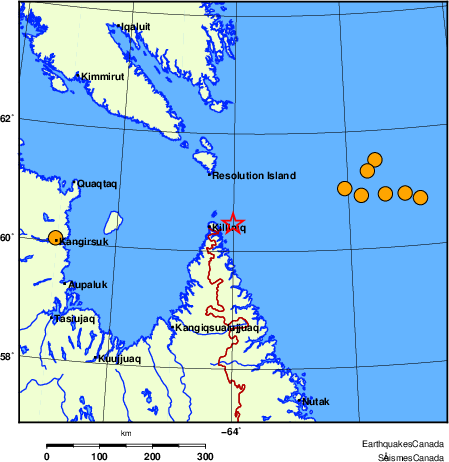 Map of historical earthquakes magnitude 5.0 and larger.  Details in the data table below