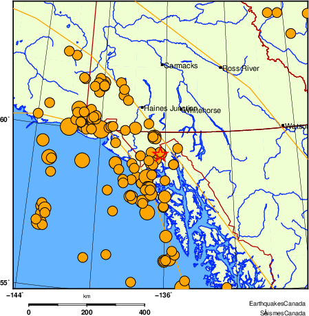 Map of historical earthquakes magnitude 5.0 and larger.  Details in the data table below