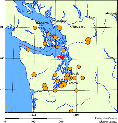 Map of historical earthquakes magnitude 5.0 and larger.  Details in the data table below