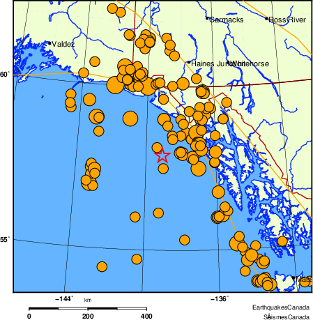 Map of historical earthquakes magnitude 5.0 and larger.  Details in the data table below