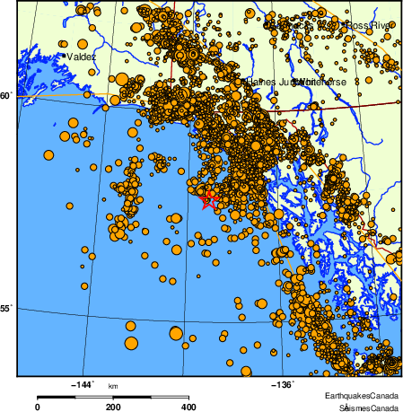 carte des des séismes de magnitude 2,0 et plus depuis 2000