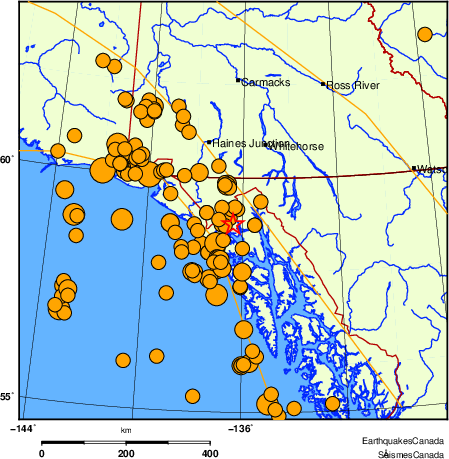 carte des séismes historiques de magnitude 5,0 et plus.  Détails dans le tableau de données ci-dessous