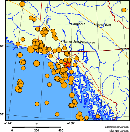 carte des séismes historiques de magnitude 5,0 et plus.  Détails dans le tableau de données ci-dessous