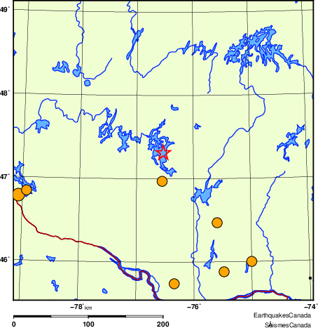 Map of historical earthquakes magnitude 5.0 and larger.  Details in the data table below