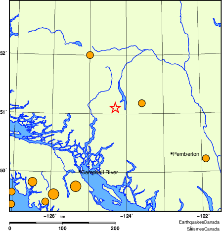 Map of historical earthquakes magnitude 5.0 and larger.  Details in the data table below