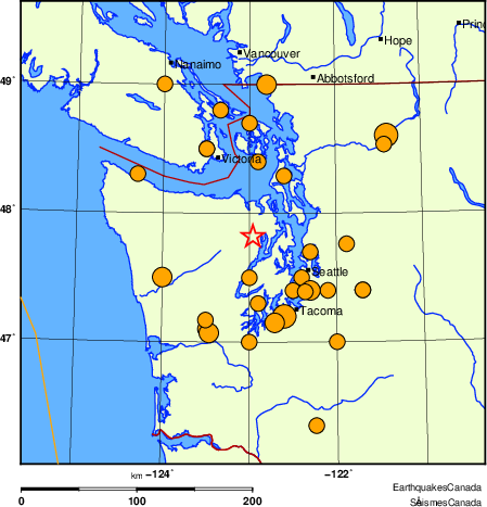 Map of historical earthquakes magnitude 5.0 and larger.  Details in the data table below