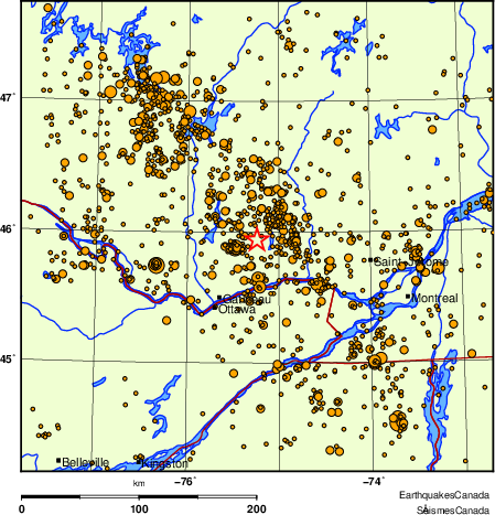 carte des des séismes de magnitude 2,0 et plus depuis 2000