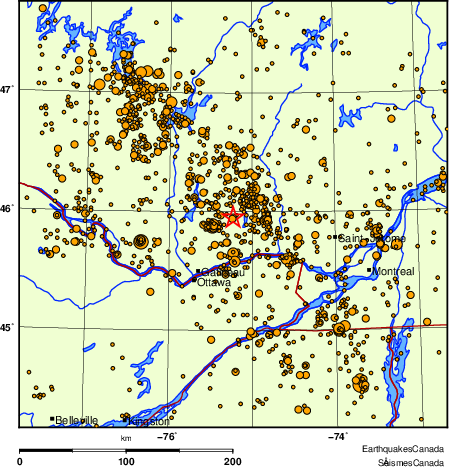 carte des des séismes de magnitude 2,0 et plus depuis 2000