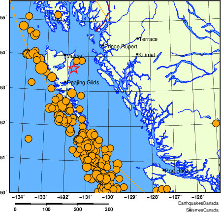 Map of historical earthquakes magnitude 5.0 and larger.  Details in the data table below