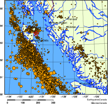 carte des des séismes de magnitude 2,0 et plus depuis 2000