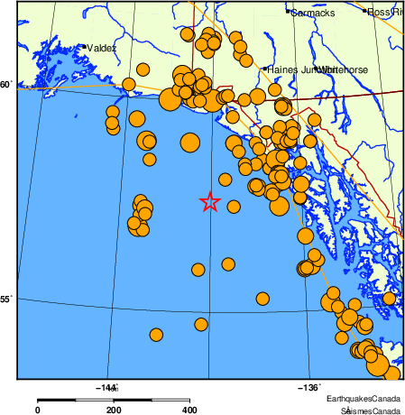 carte des séismes historiques de magnitude 5,0 et plus.  Détails dans le tableau de données ci-dessous