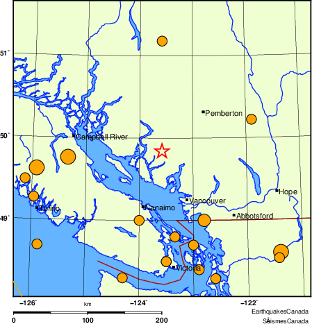 Map of historical earthquakes magnitude 5.0 and larger.  Details in the data table below