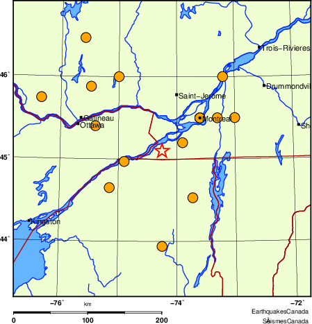 Map of historical earthquakes magnitude 5.0 and larger.  Details in the data table below