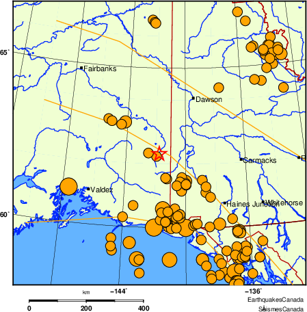 carte des séismes historiques de magnitude 5,0 et plus.  Détails dans le tableau de données ci-dessous