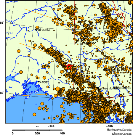 carte des des séismes de magnitude 2,0 et plus depuis 2000