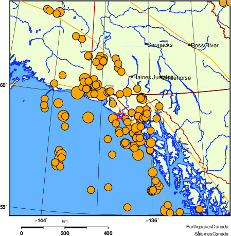 Map of historical earthquakes magnitude 5.0 and larger.  Details in the data table below