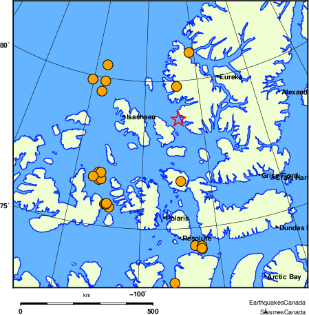 Map of historical earthquakes magnitude 5.0 and larger.  Details in the data table below