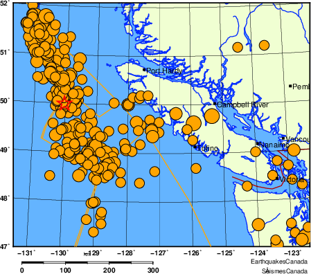 Map of historical earthquakes magnitude 5.0 and larger.  Details in the data table below