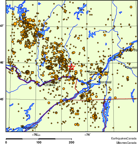 carte des des séismes de magnitude 2,0 et plus depuis 2000