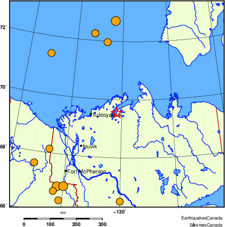 carte des séismes historiques de magnitude 5,0 et plus.  Détails dans le tableau de données ci-dessous