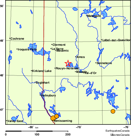 Map of historical earthquakes magnitude 5.0 and larger.  Details in the data table below