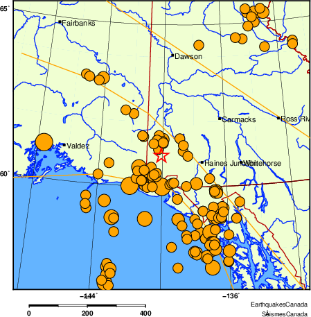 Map of historical earthquakes magnitude 5.0 and larger.  Details in the data table below