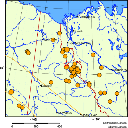 Map of historical earthquakes magnitude 5.0 and larger.  Details in the data table below