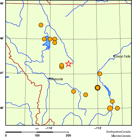 Map of historical earthquakes magnitude 5.0 and larger.  Details in the data table below