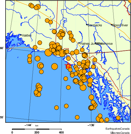 carte des séismes historiques de magnitude 5,0 et plus.  Détails dans le tableau de données ci-dessous