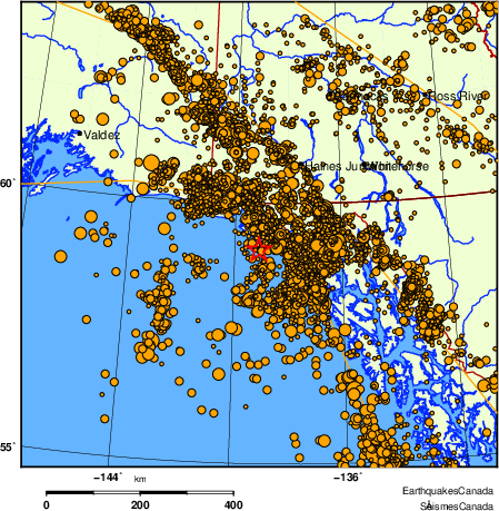 carte des des séismes de magnitude 2,0 et plus depuis 2000