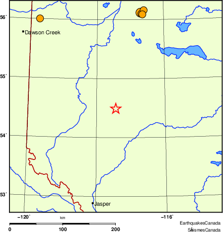 carte des séismes historiques de magnitude 5,0 et plus.  Détails dans le tableau de données ci-dessous