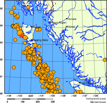 Map of historical earthquakes magnitude 5.0 and larger.  Details in the data table below