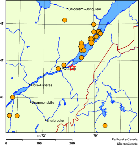 Map of historical earthquakes magnitude 5.0 and larger.  Details in the data table below