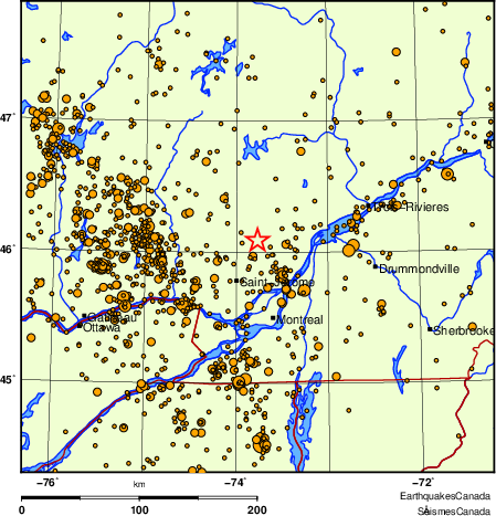 carte des des séismes de magnitude 2,0 et plus depuis 2000