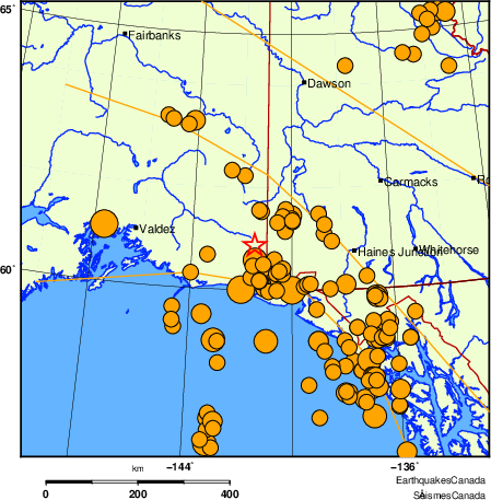 Map of historical earthquakes magnitude 5.0 and larger.  Details in the data table below