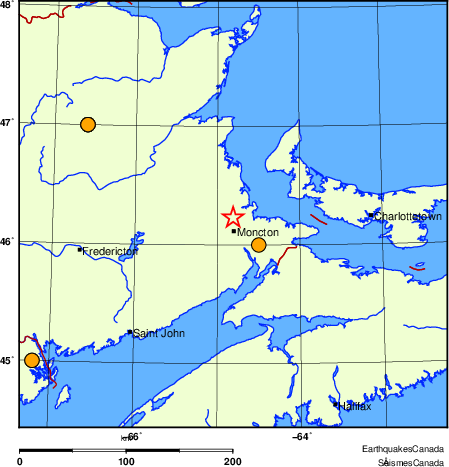 Map of historical earthquakes magnitude 5.0 and larger.  Details in the data table below