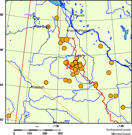 Map of historical earthquakes magnitude 5.0 and larger.  Details in the data table below