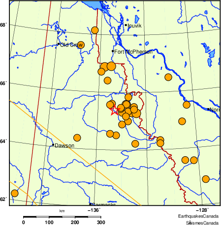 carte des séismes historiques de magnitude 5,0 et plus.  Détails dans le tableau de données ci-dessous