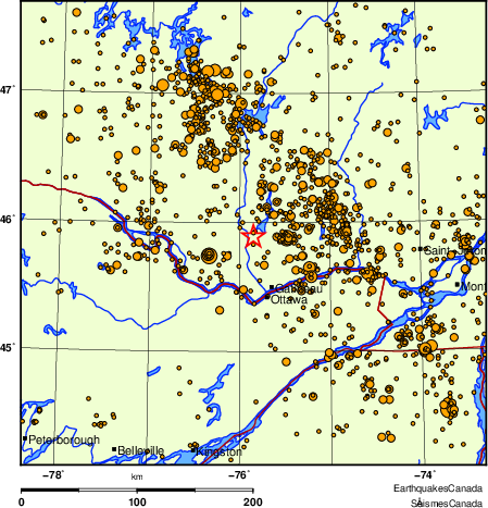 carte des des séismes de magnitude 2,0 et plus depuis 2000