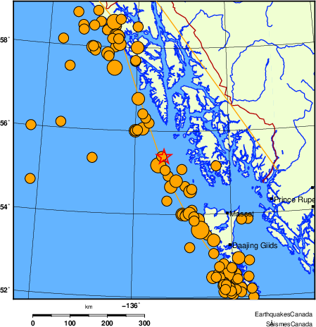 Map of historical earthquakes magnitude 5.0 and larger.  Details in the data table below