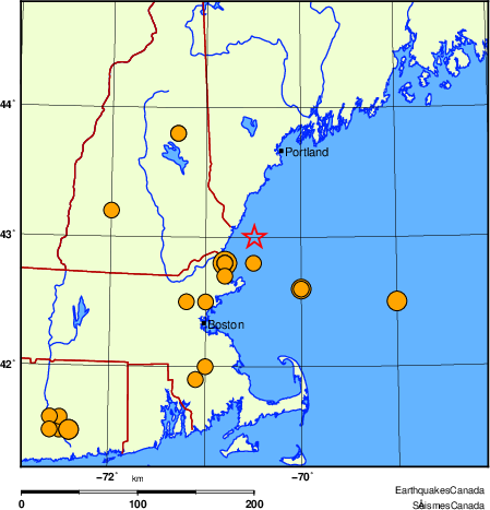 Map of historical earthquakes magnitude 5.0 and larger.  Details in the data table below