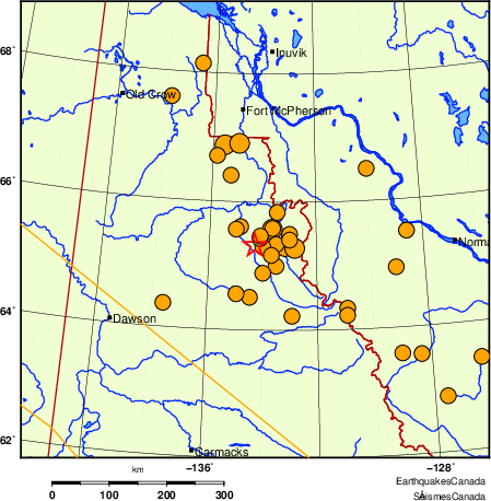 Map of historical earthquakes magnitude 5.0 and larger.  Details in the data table below