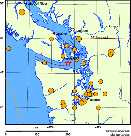 Map of historical earthquakes magnitude 5.0 and larger.  Details in the data table below