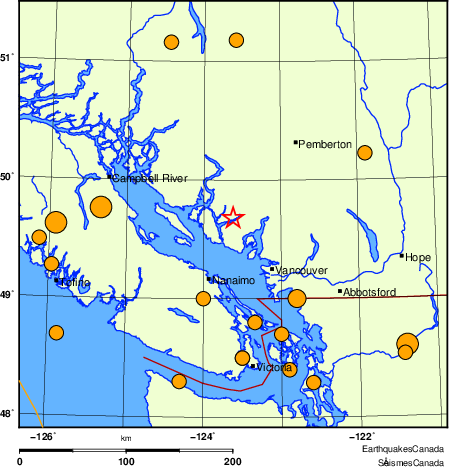 Map of historical earthquakes magnitude 5.0 and larger.  Details in the data table below